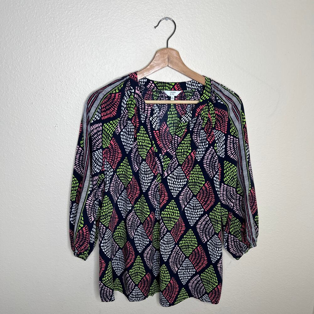 Crown & Ivy Navy Print Peasant Blouse Medium